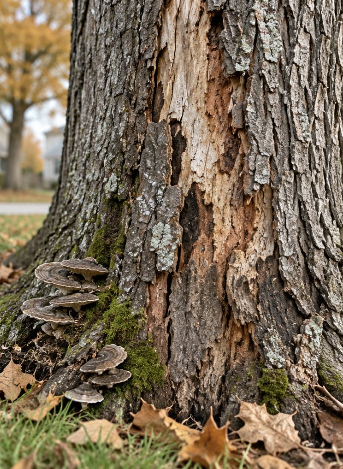 Mushrooms and decay on the trunk of a tree